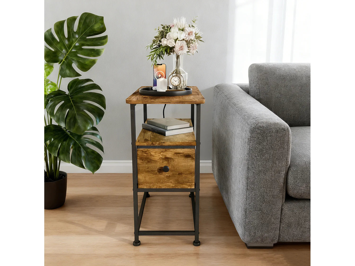 Bout de canapé carré bois vintage avec tiroir – BRUNALT