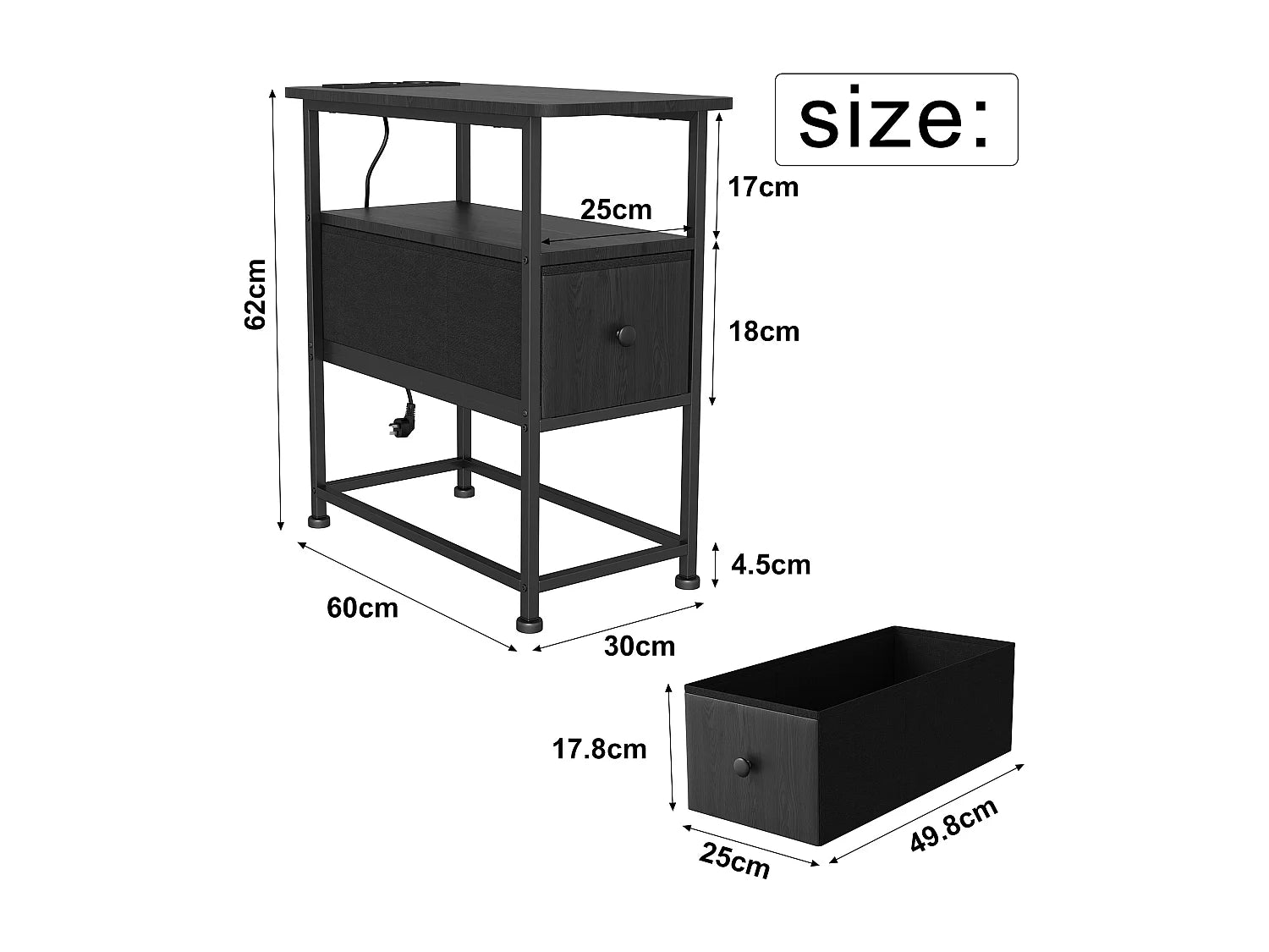 Bout de canapé carré noir LED tiroir étagères – NOCTA