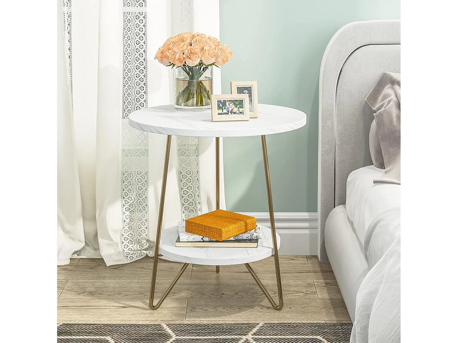 Bout de canapé rond marbre blanc et doré – PERLA