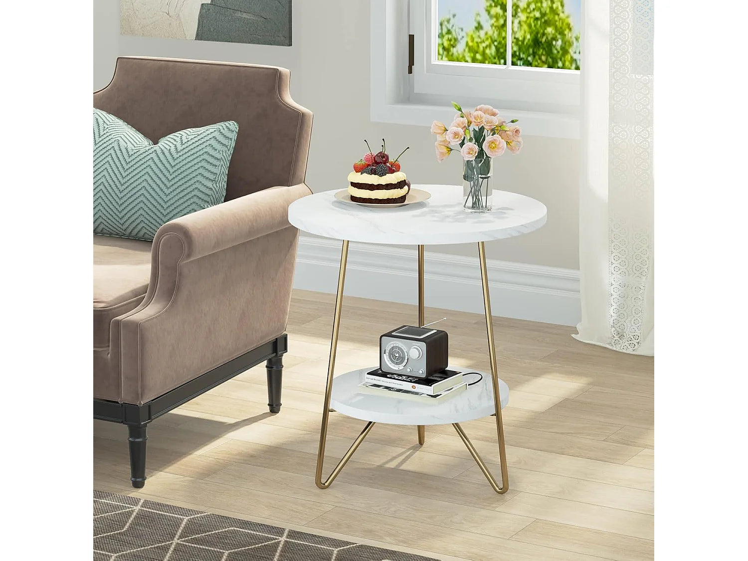 Bout de canapé rond marbre blanc et doré – PERLA