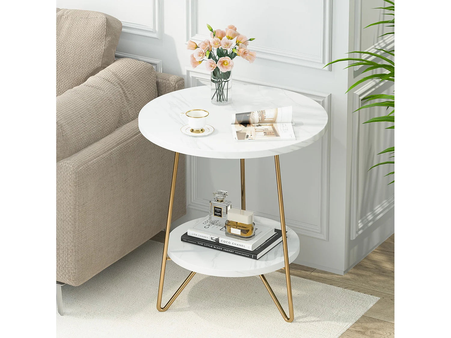 Bout de canapé rond marbre blanc et doré – PERLA