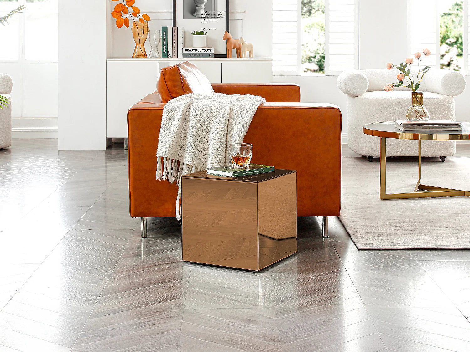 Bout de canapé cube en miroir fumé marron – REFLY