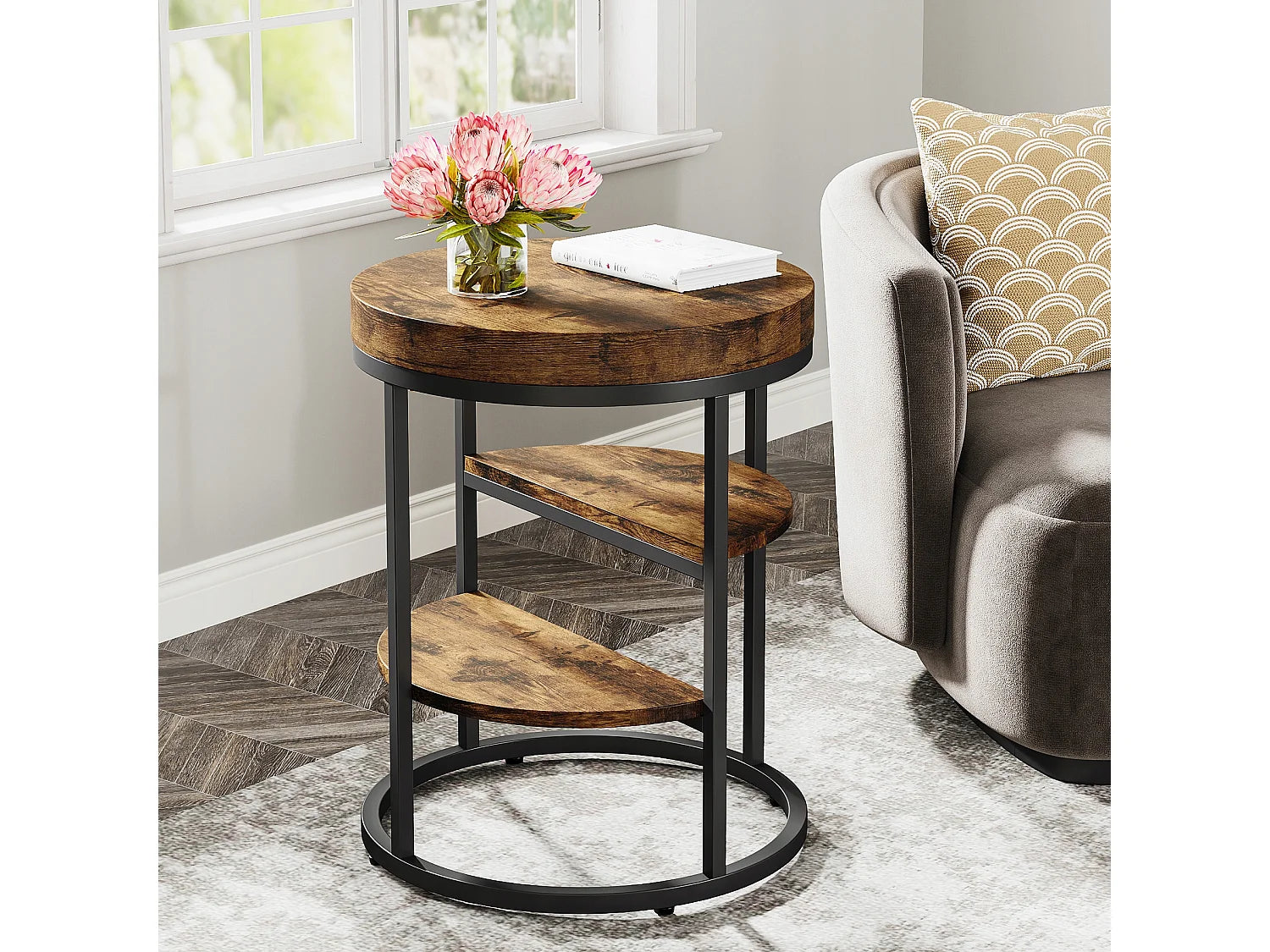 Bout de canapé rond industriel en verre marron – FORGE