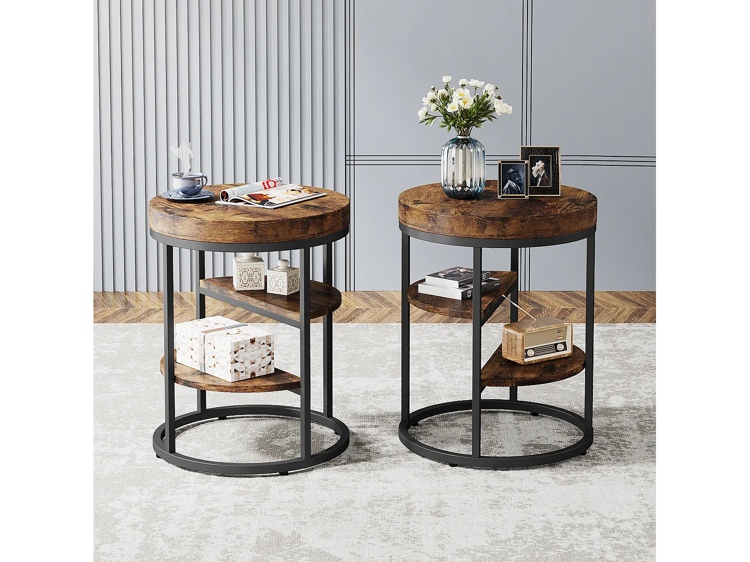 Bout de canapé rond industriel en verre marron – FORGE
