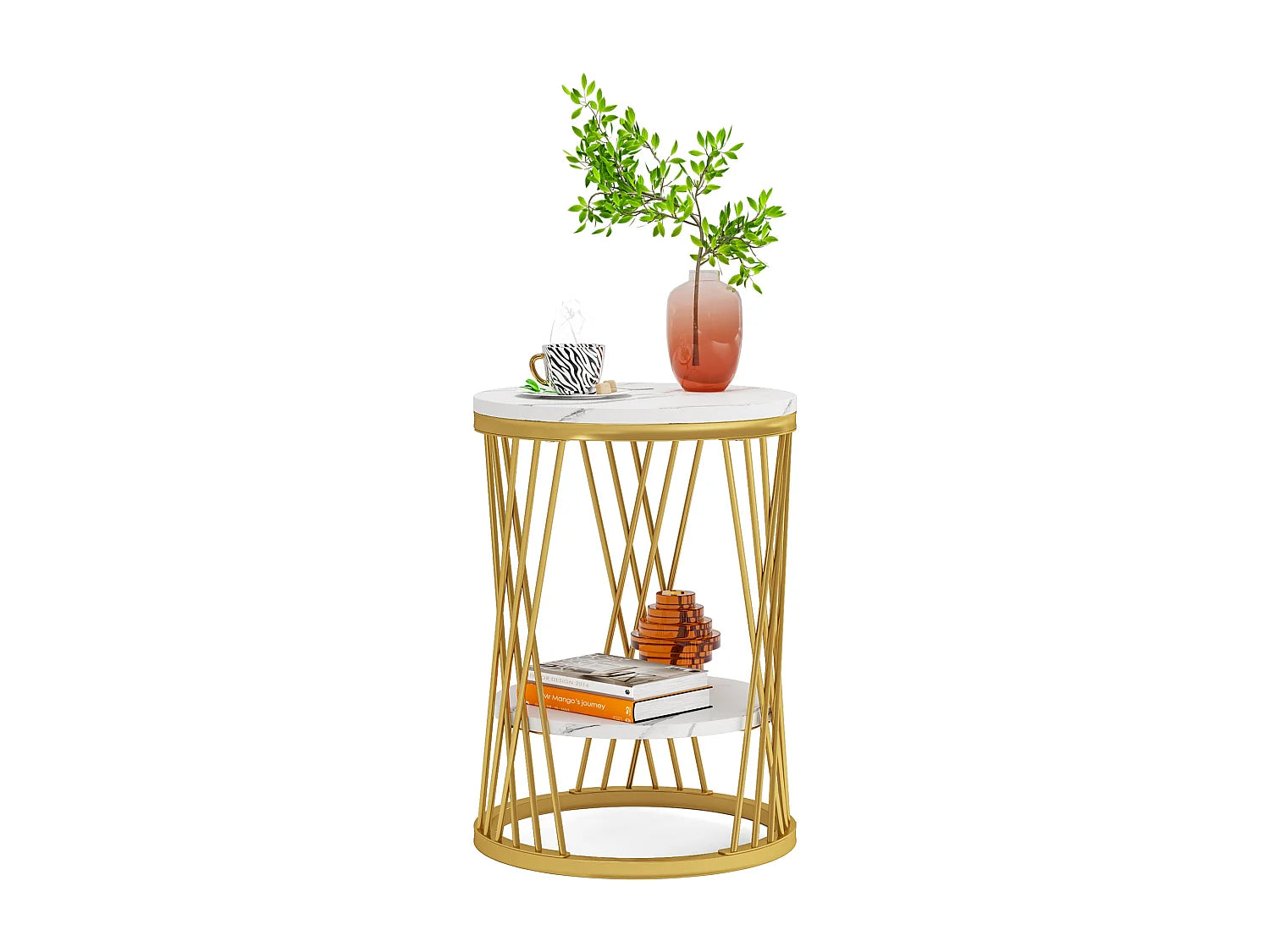 Bout de canapé rond marbre blanc et doré – CELESTE
