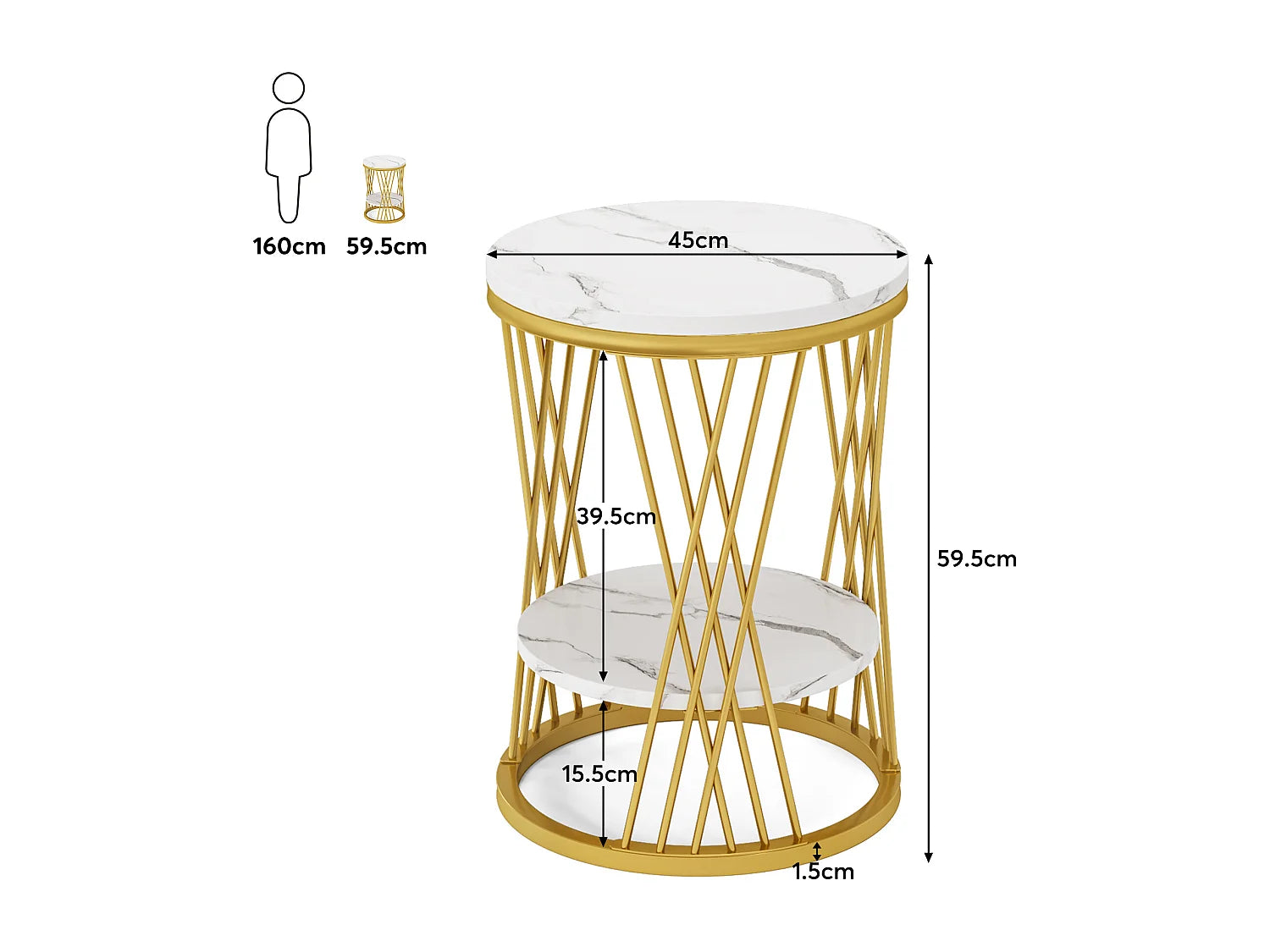 Bout de canapé rond marbre blanc et doré – CELESTE