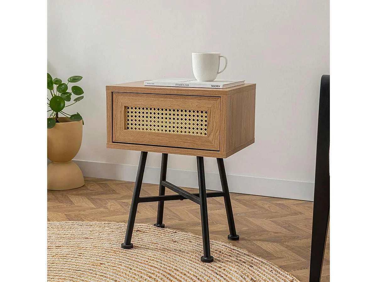 Bout de canapé cannage à tiroir décor bois beige – JENILA