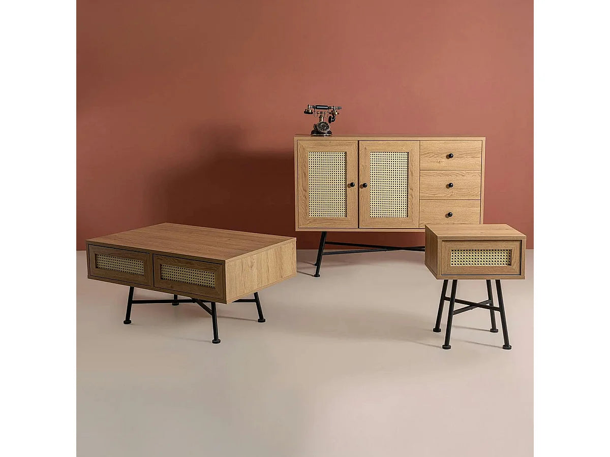 Bout de canapé cannage à tiroir décor bois beige – JENILA