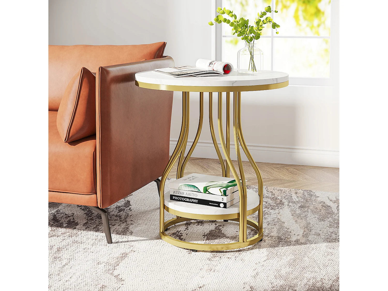Bout de canapé rond en marbre blanc et or – LUMINA