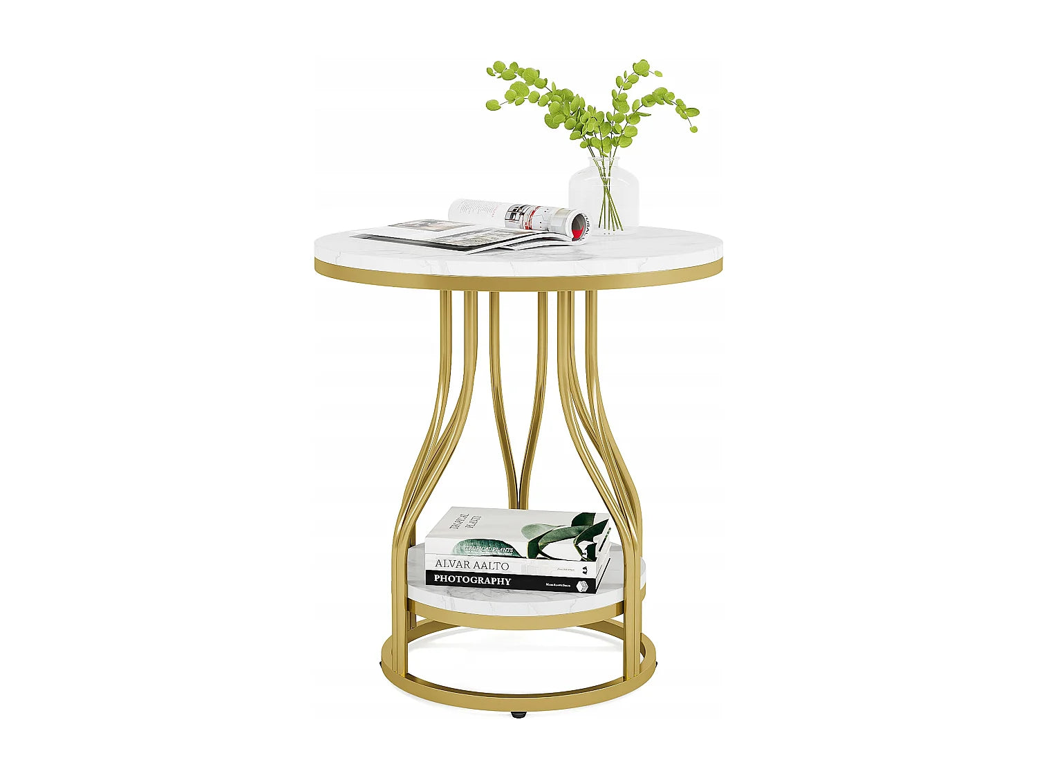 Bout de canapé rond en marbre blanc et or – LUMINA