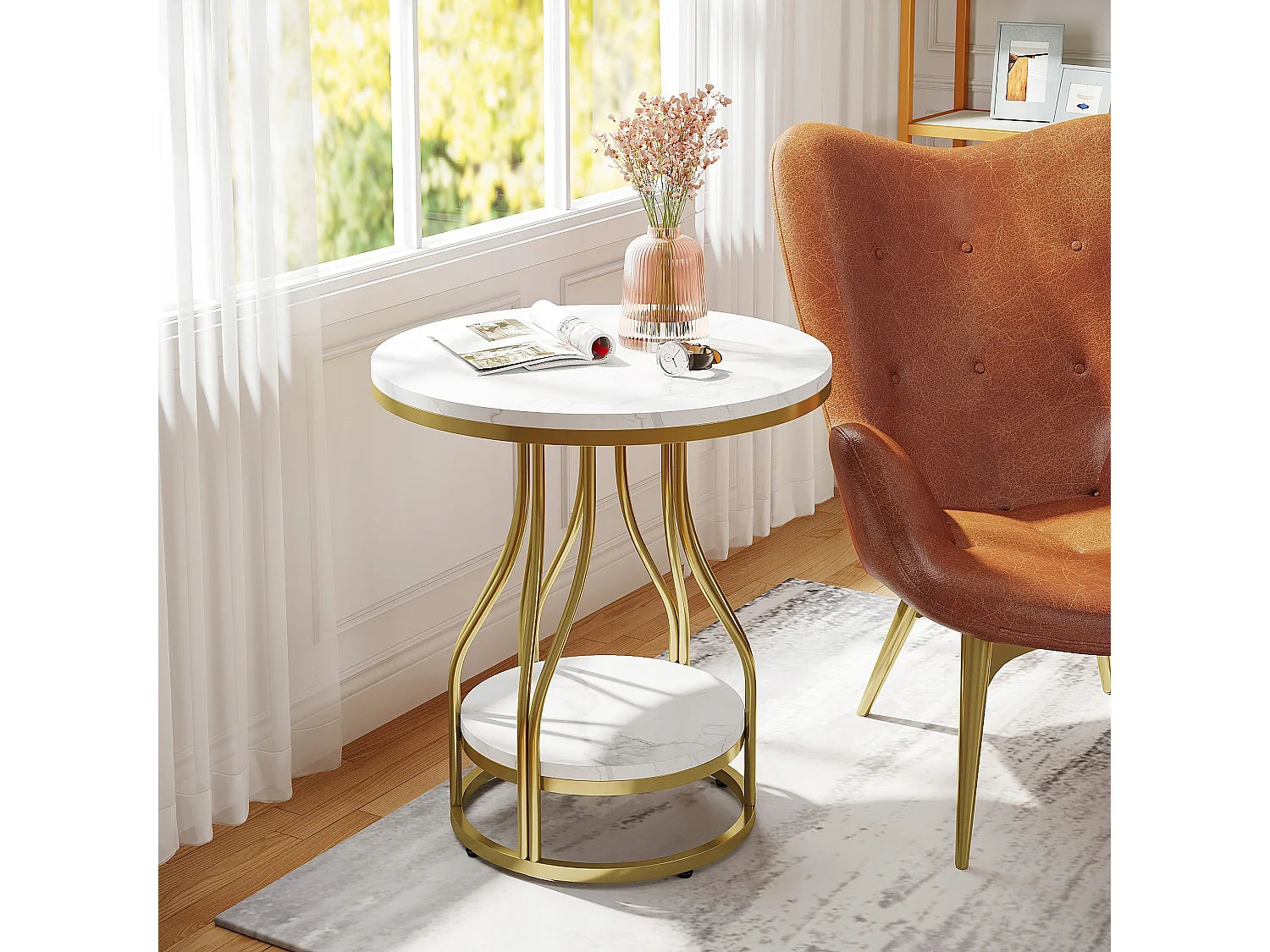 Bout de canapé rond en marbre blanc et or – LUMINA