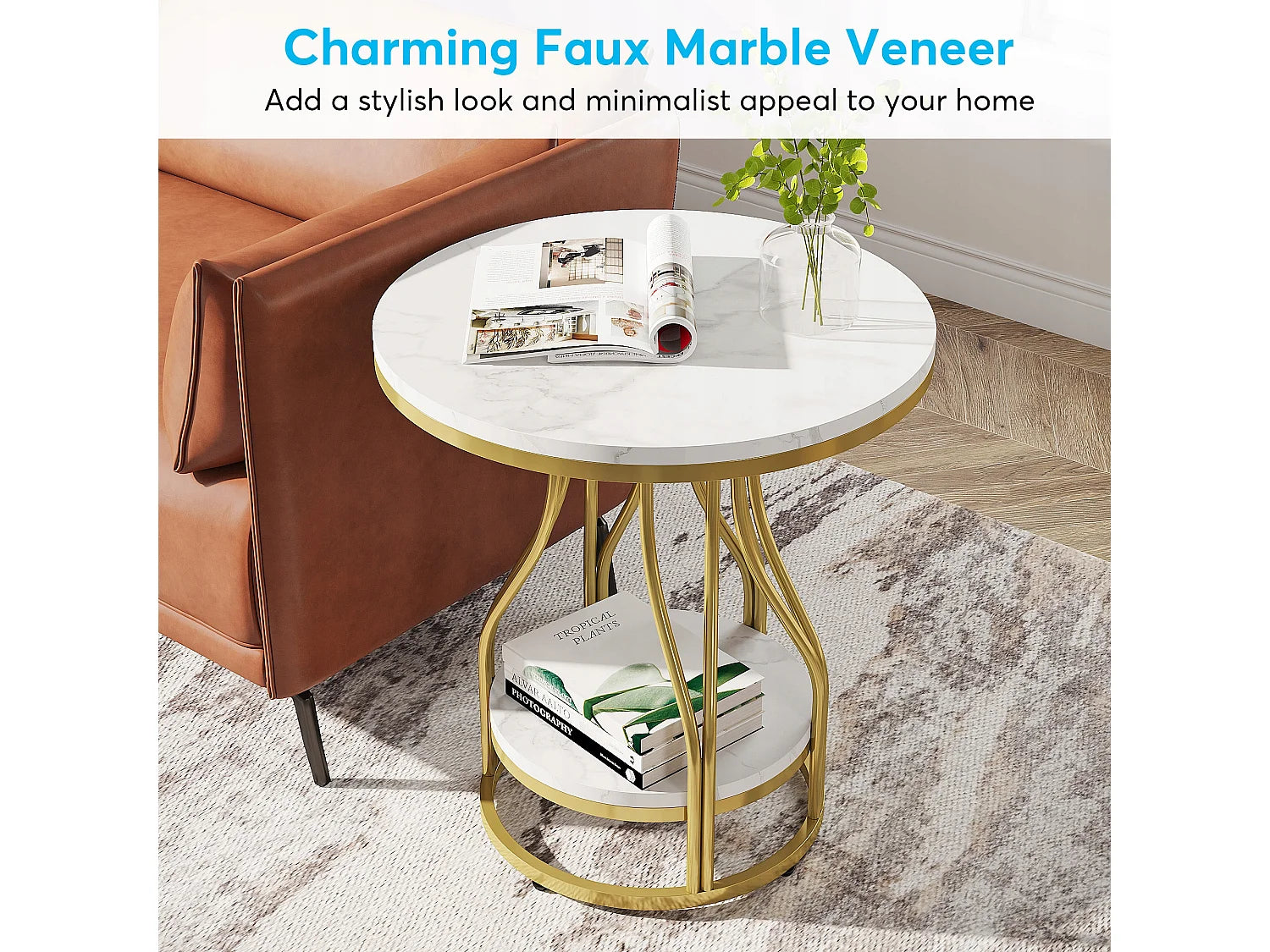 Bout de canapé rond en marbre blanc et or – LUMINA