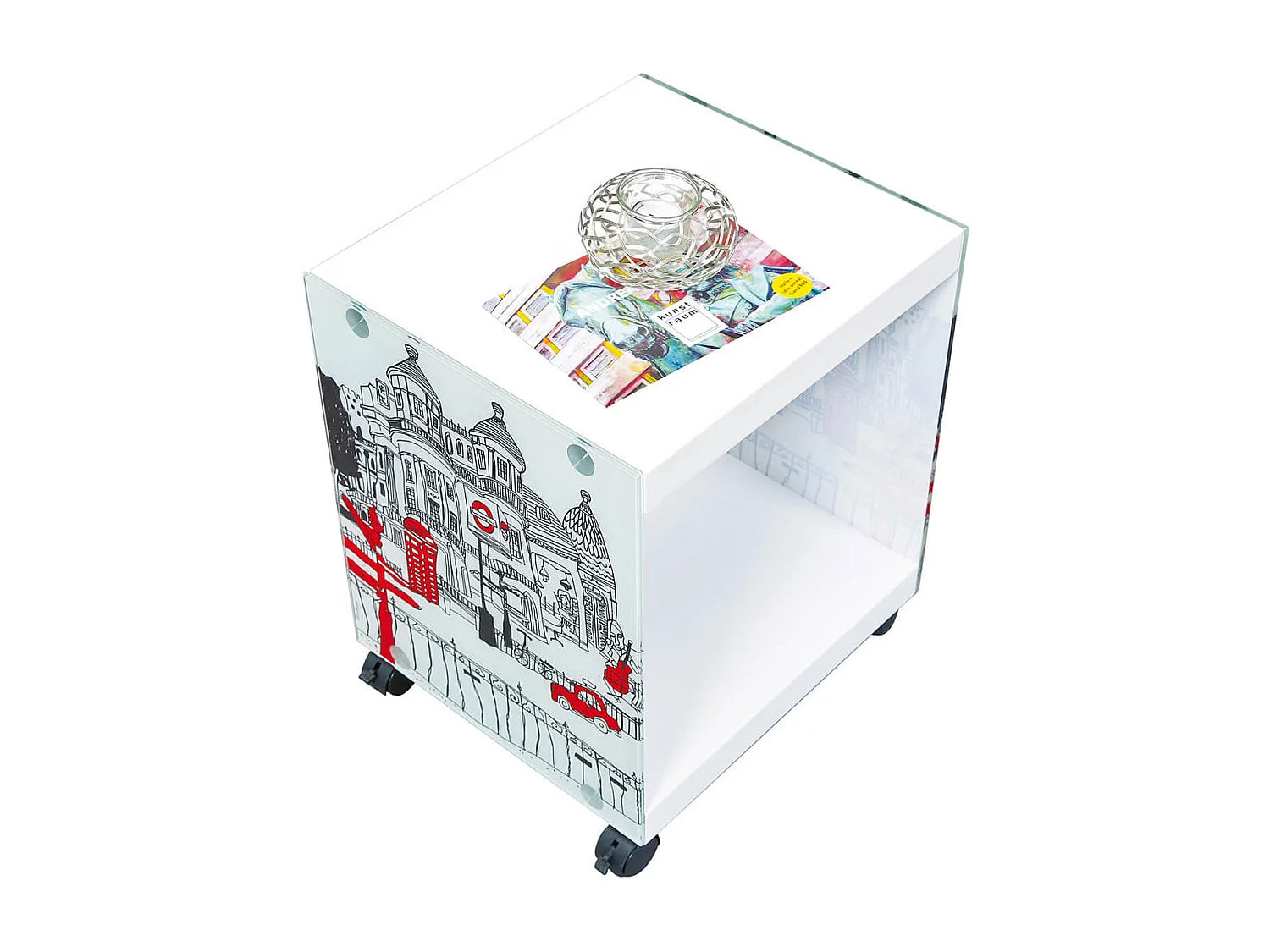 Bout de canapé à roulettes verre motif blanc – LONDA