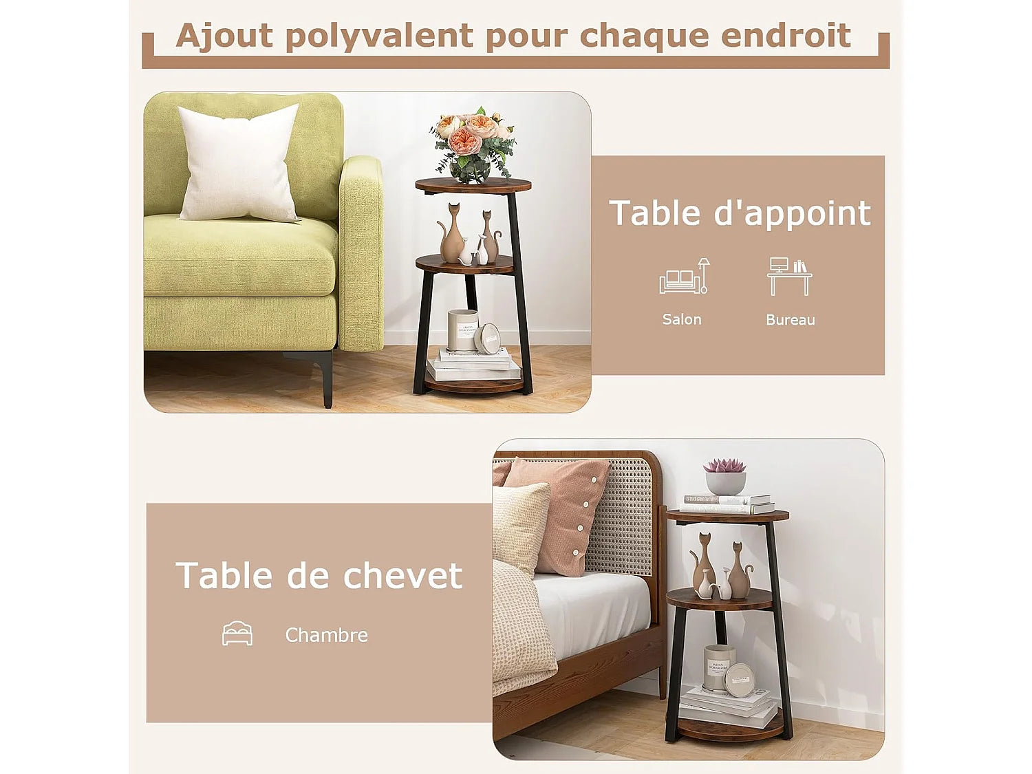 Bout de canapé 3 niveaux en métal marron – STRATO
