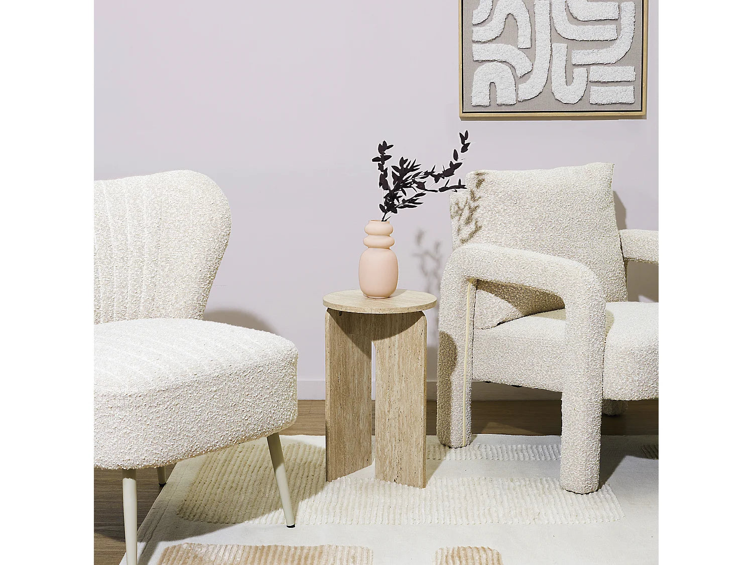 Bout de canapé rond effet pierre blanc et beige – PIETRO