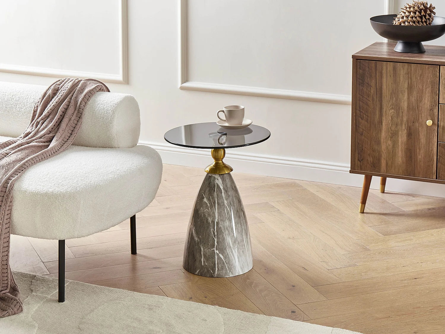 Bout de canapé rond verre noir effet marbre – CADY