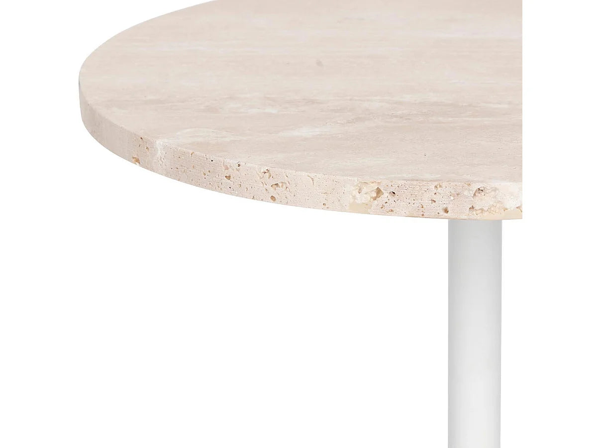 Bout de canapé rond travertin beige et métal blanc – ROVA