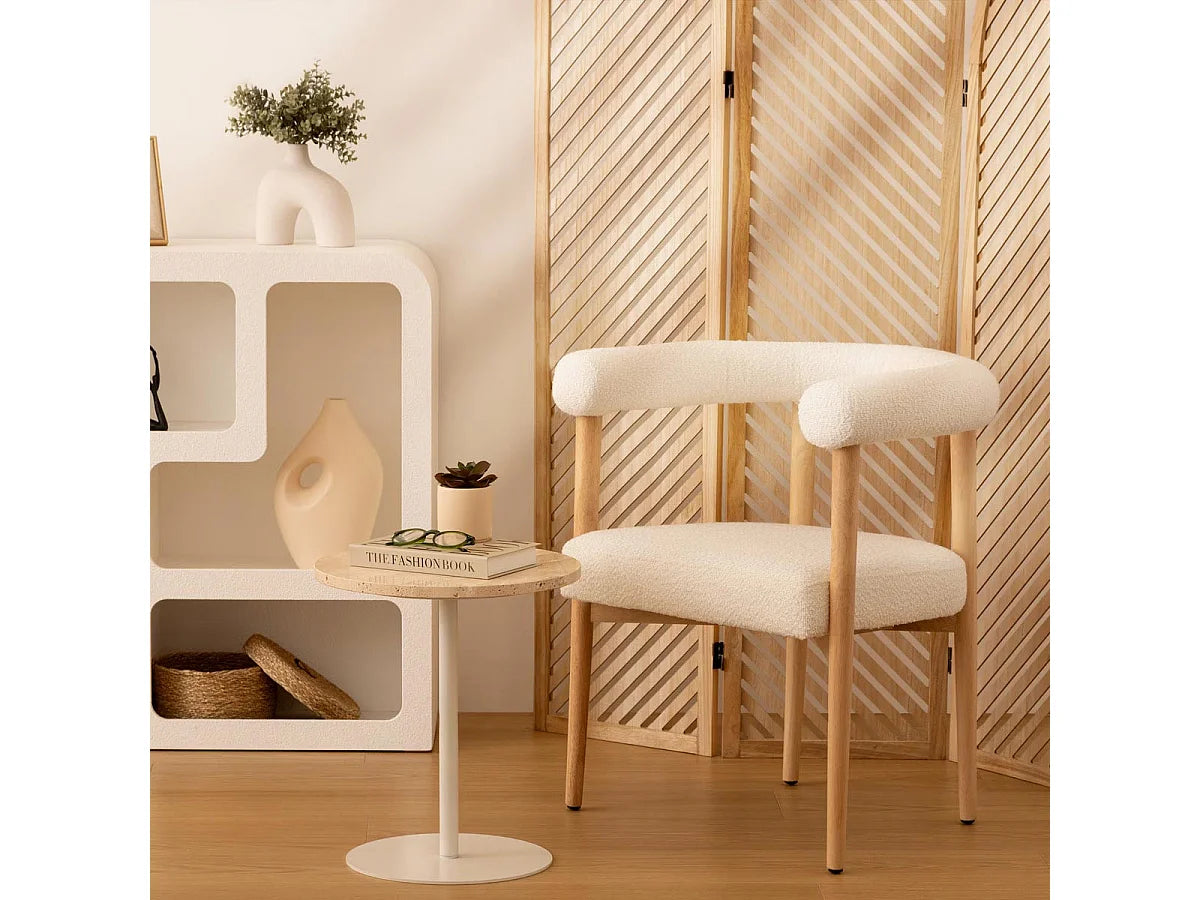Bout de canapé rond travertin beige et métal blanc – ROVA