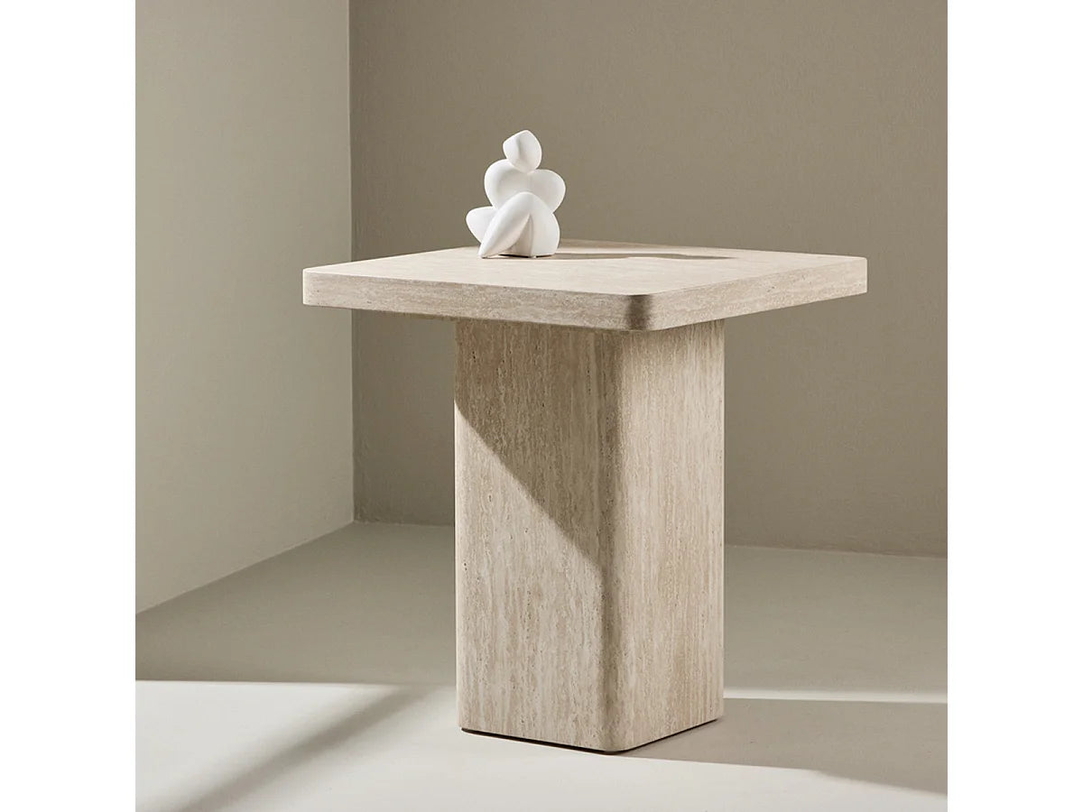 Bout de canapé carré effet travertin beige – QVART