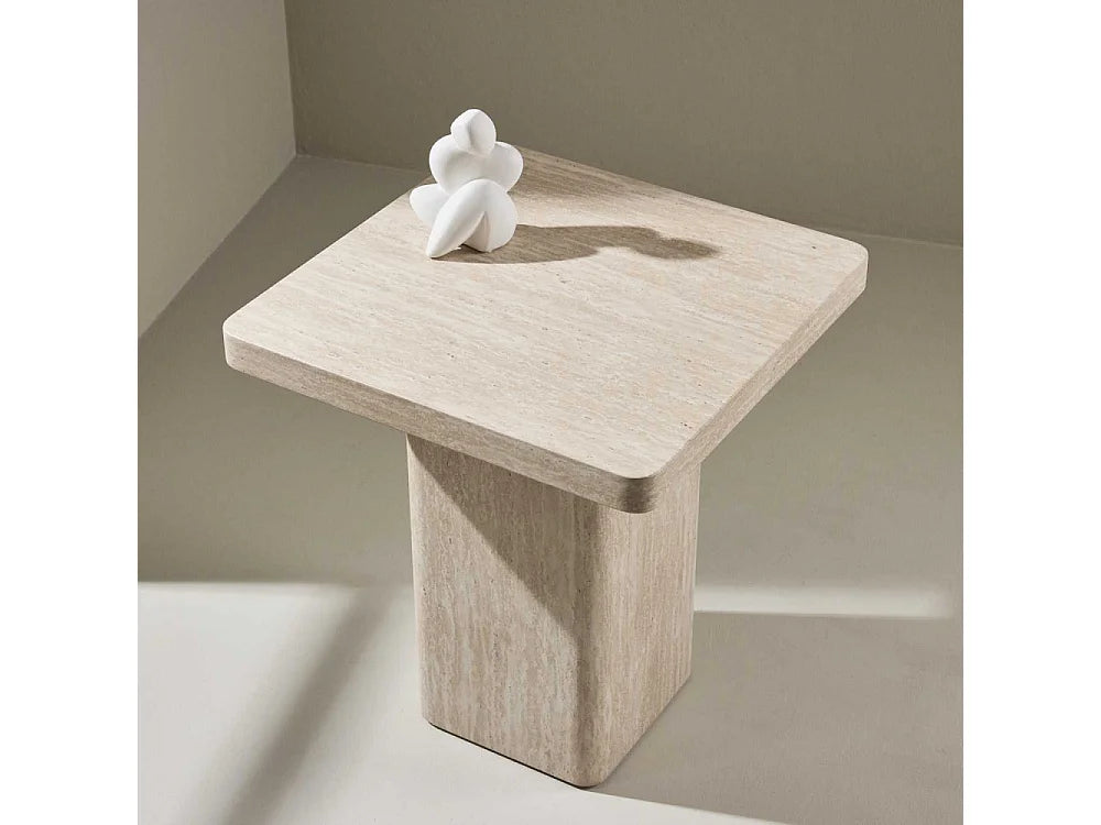 Bout de canapé carré effet travertin beige – QVART