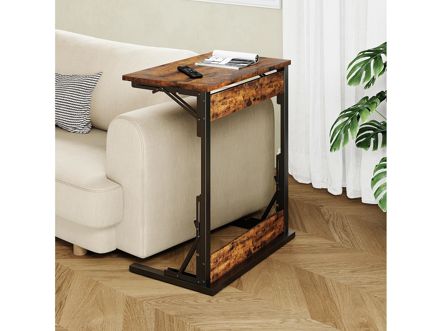 Bout de canapé pliable métal noir et bois brun – RUSTO