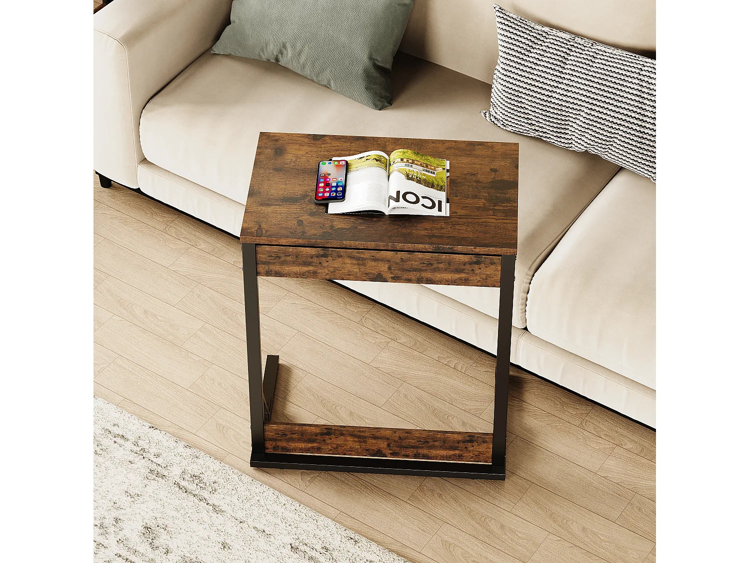 Bout de canapé pliable métal noir et bois brun – RUSTO