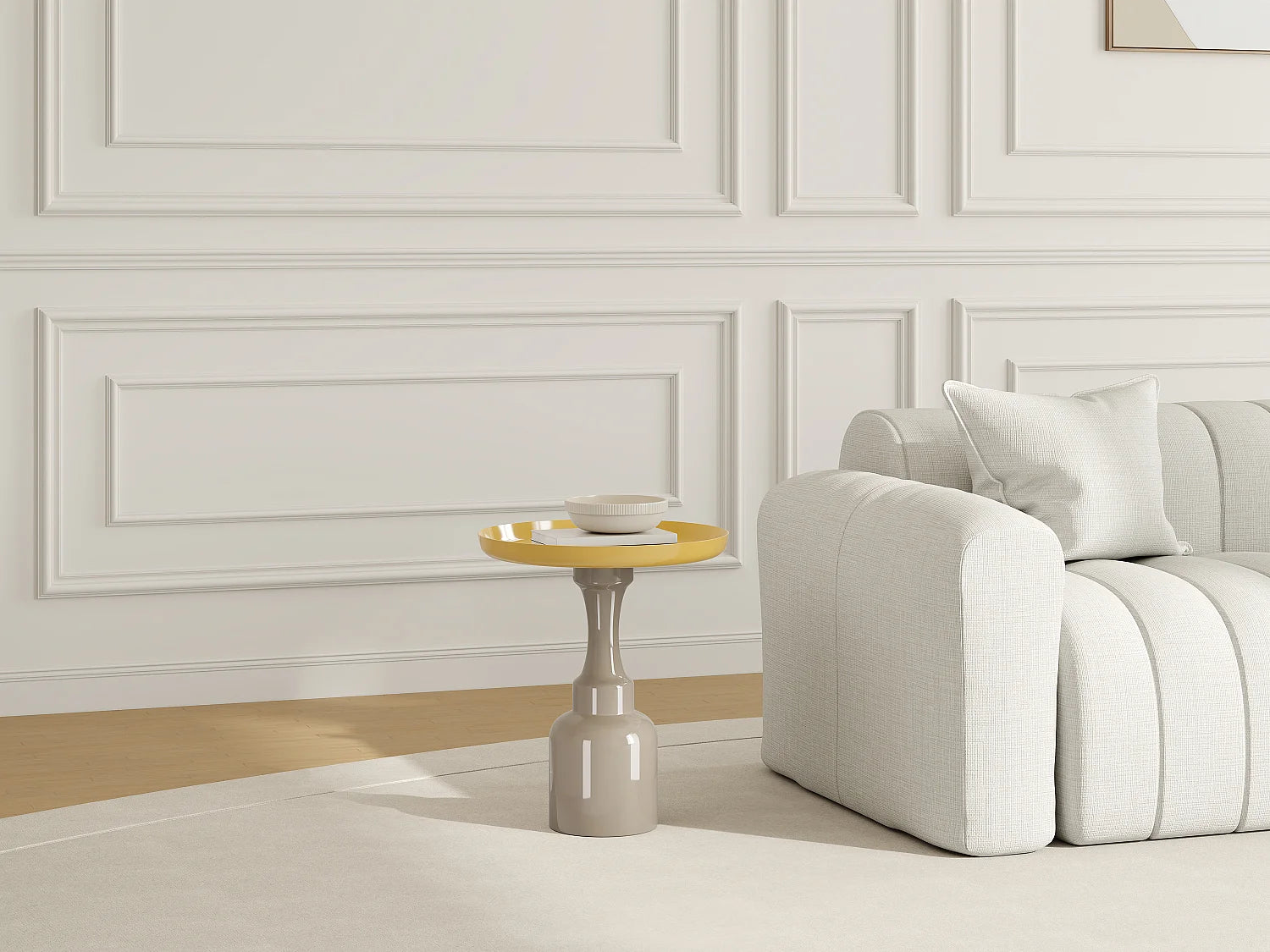 Bout de canapé rond métal beige et jaune – SOLEYA