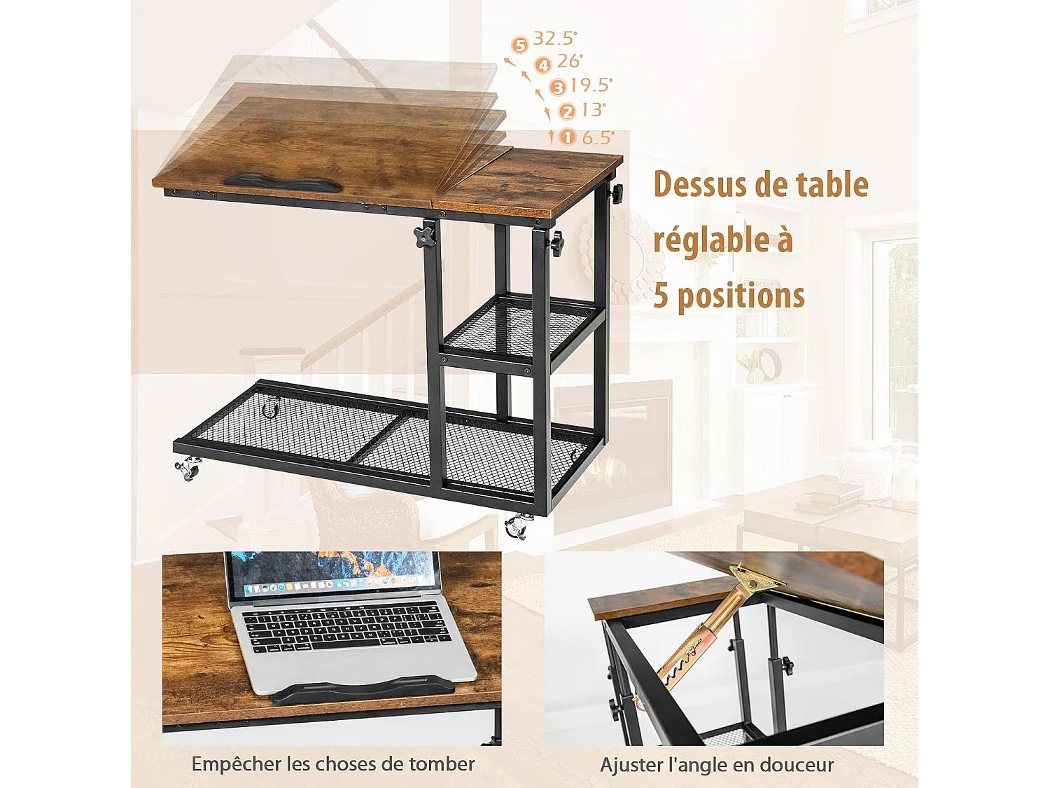 Bout de canapé en C plateau inclinable à roulettes – TILVA