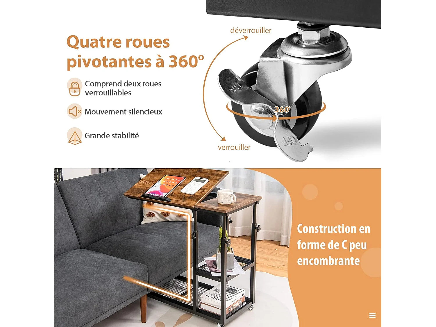 Bout de canapé en C plateau inclinable à roulettes – TILVA