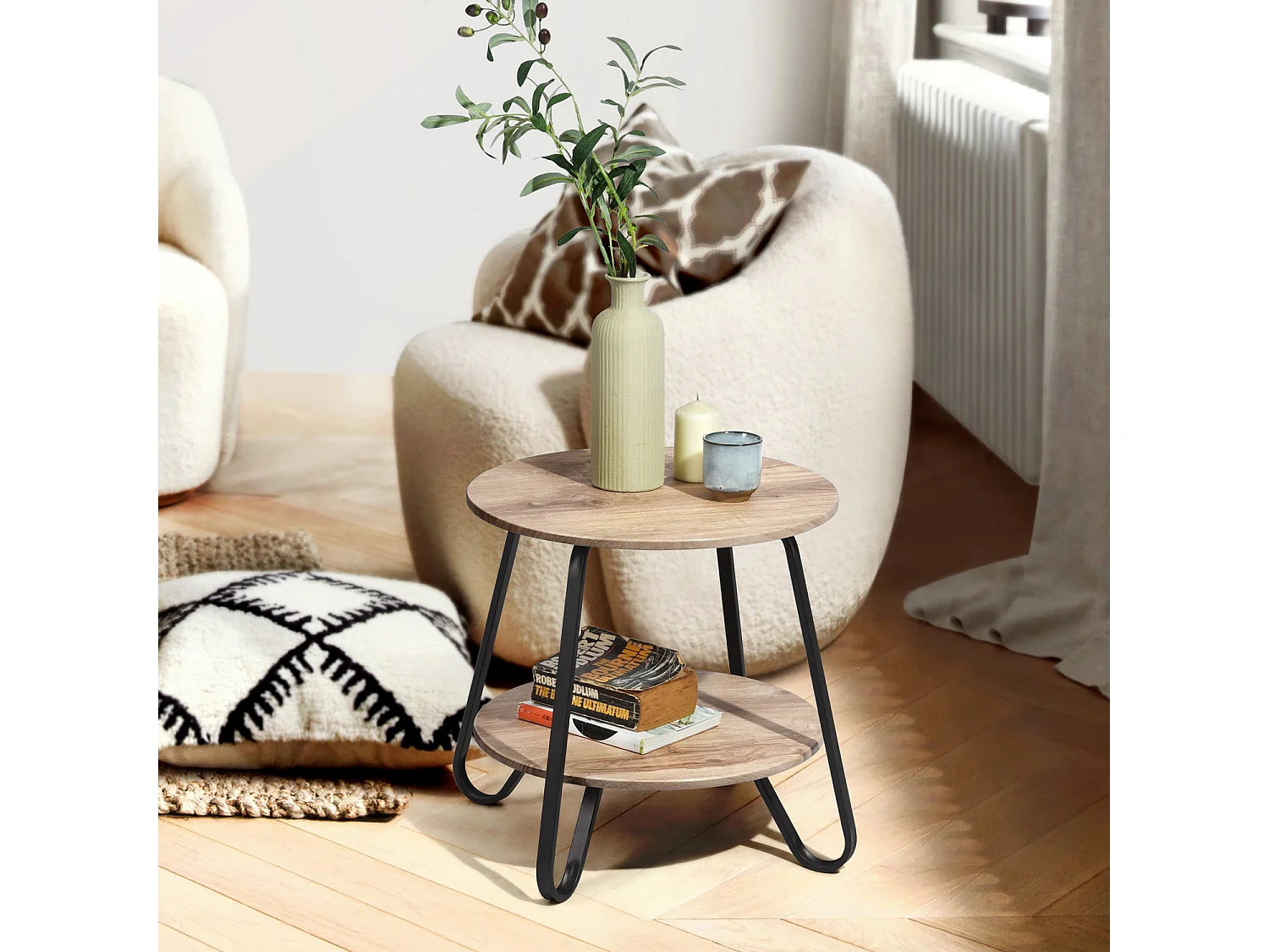 Bout de canapé rond en bois massif beige – LINDËN