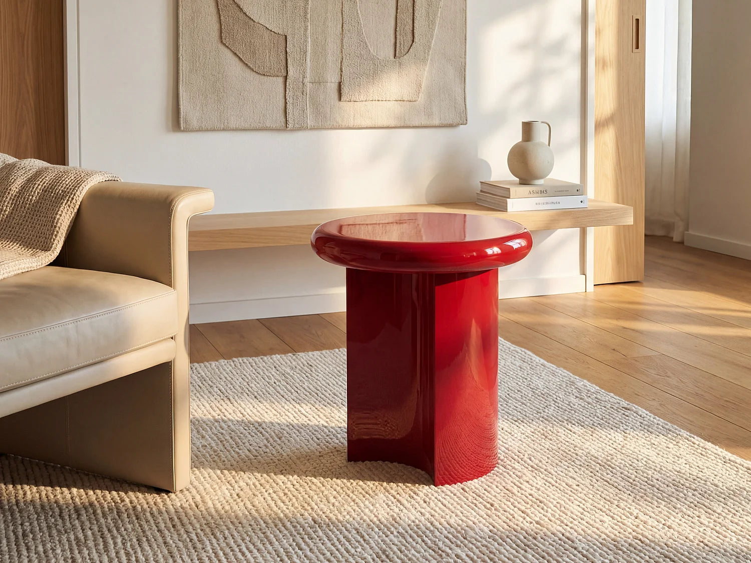 Bout de canapé rond en MDF rouge laqué – RUBIS