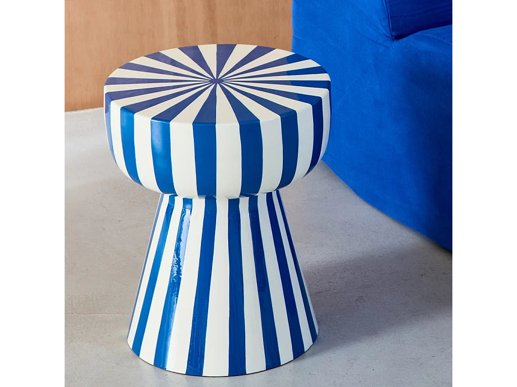 Bout de canapé rond en acier rayé bleu et blanc – ZIGGY