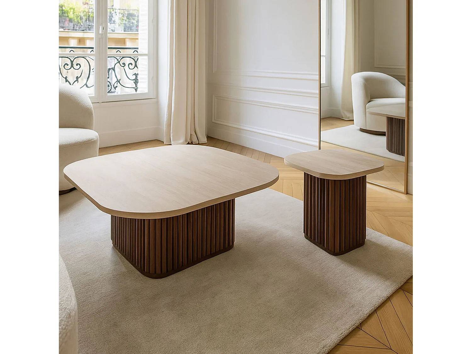 Bout de canapé carré effet travertin et noyer – ESTHEA