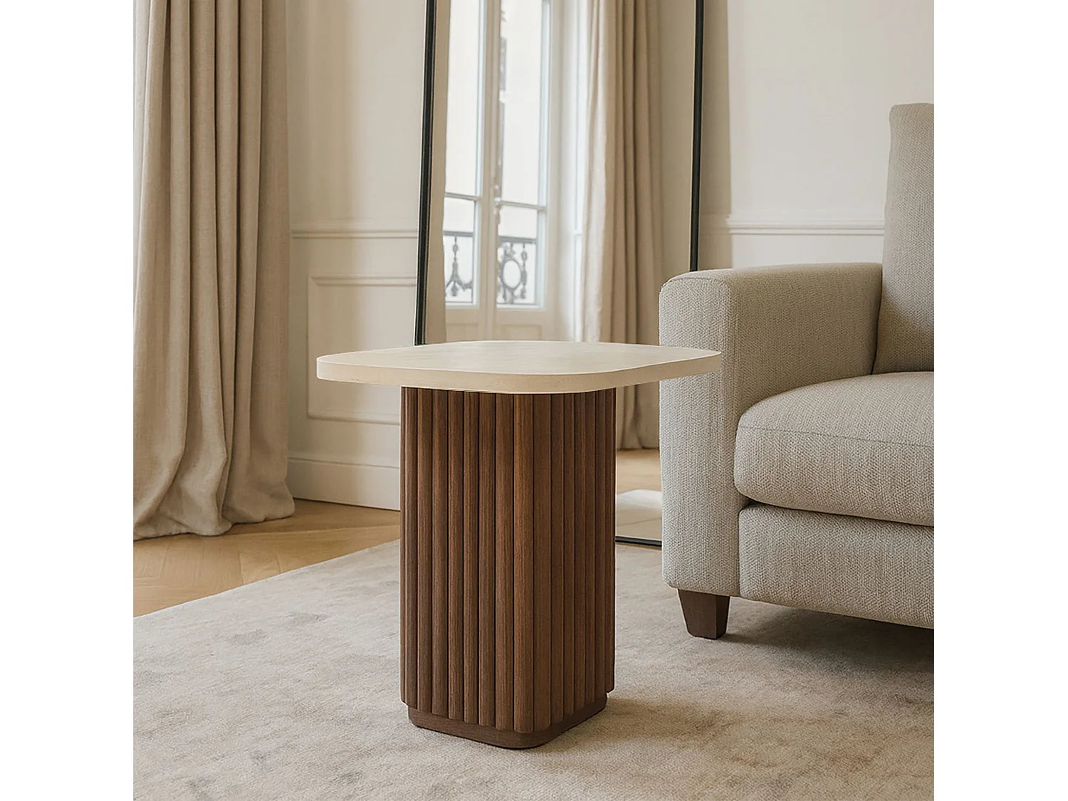 Bout de canapé carré effet travertin et noyer – ESTHEA