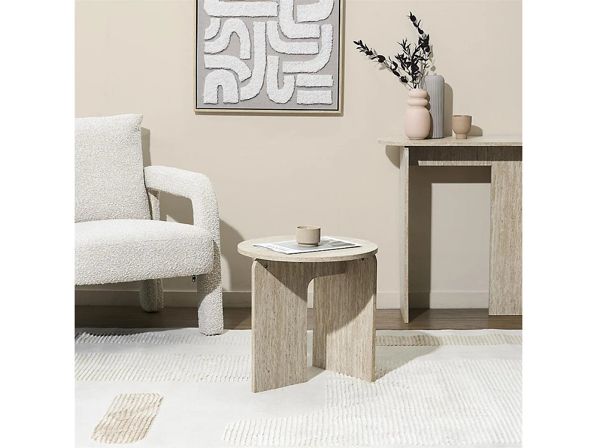 Bout de canapé rond aspect travertin beige – VERTINA