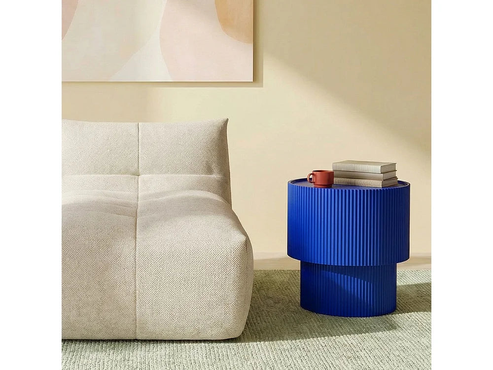 Bout de canapé rond en bois bleu avec rangement – SANDRO