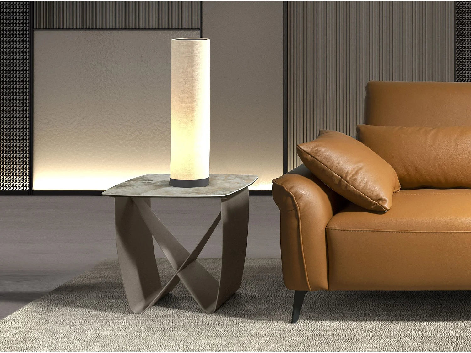 Bout de canapé carré marbre porcelaine et acier taupe – TERRA