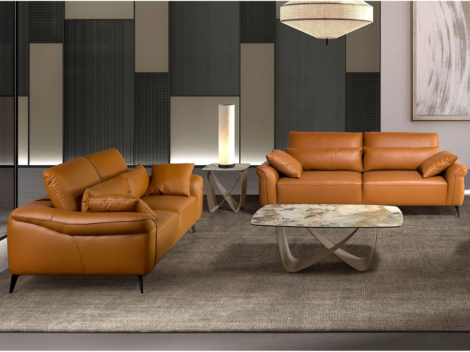 Bout de canapé carré marbre porcelaine et acier taupe – TERRA