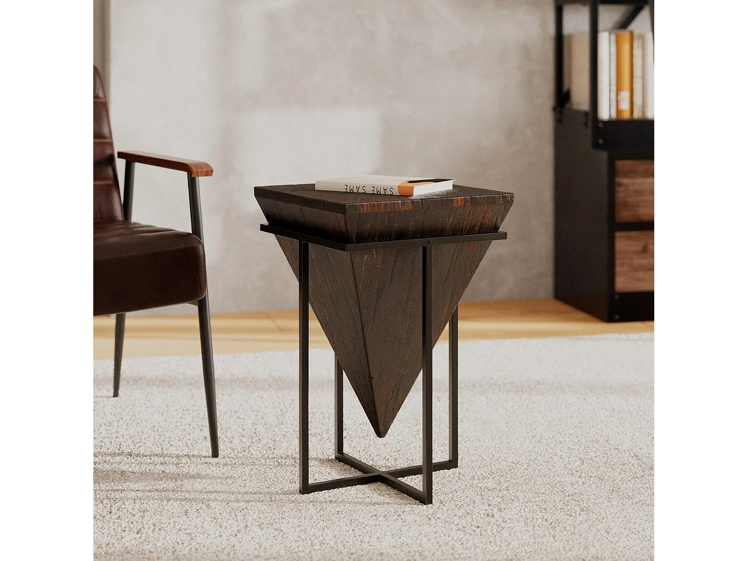Bout de canapé carré bois recyclé et métal marron – TRAVA