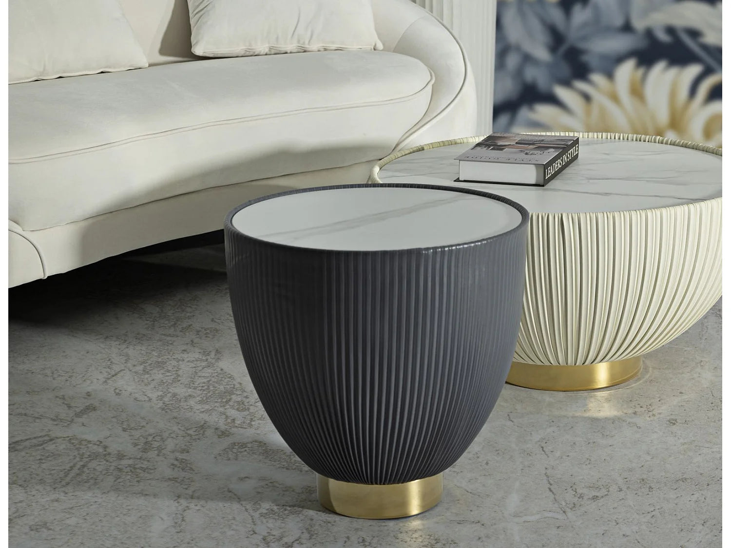 Bout de canapé rond effet marbre gris design – CALEV