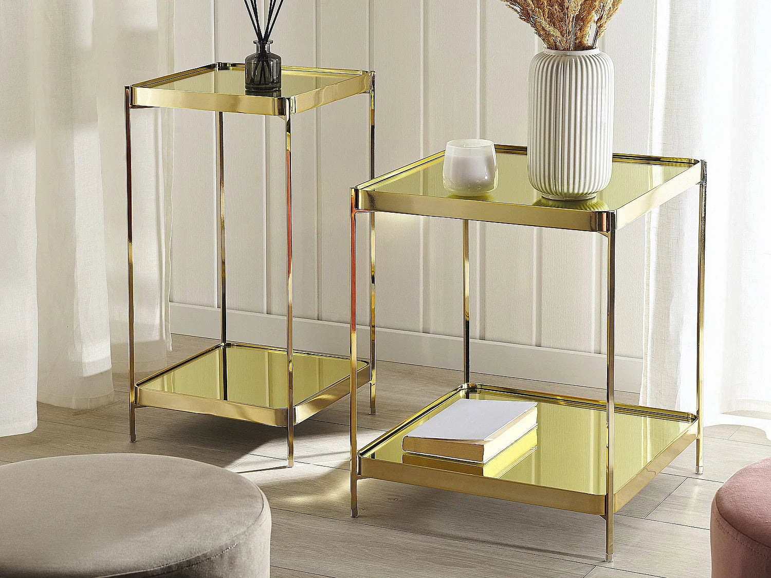 Bout de canapé carré en verre doré miroir – LUMEA