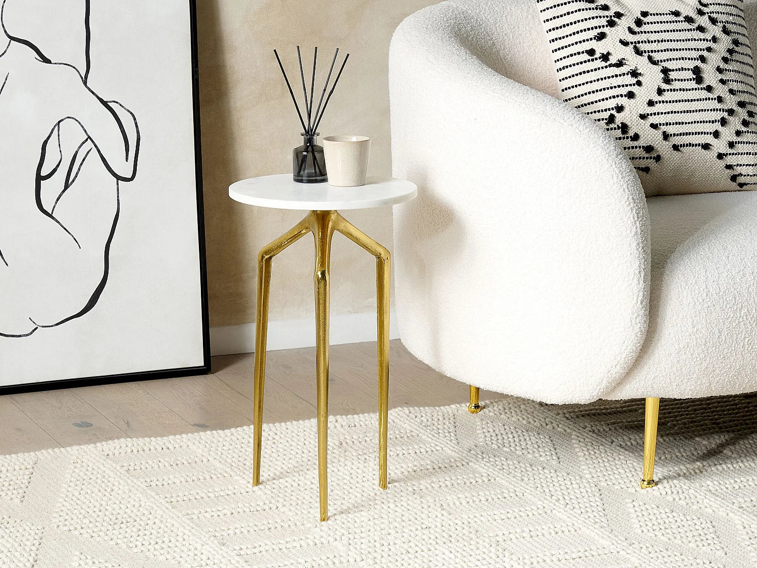 Bout de canapé rond marbre blanc pieds métal – LISERA