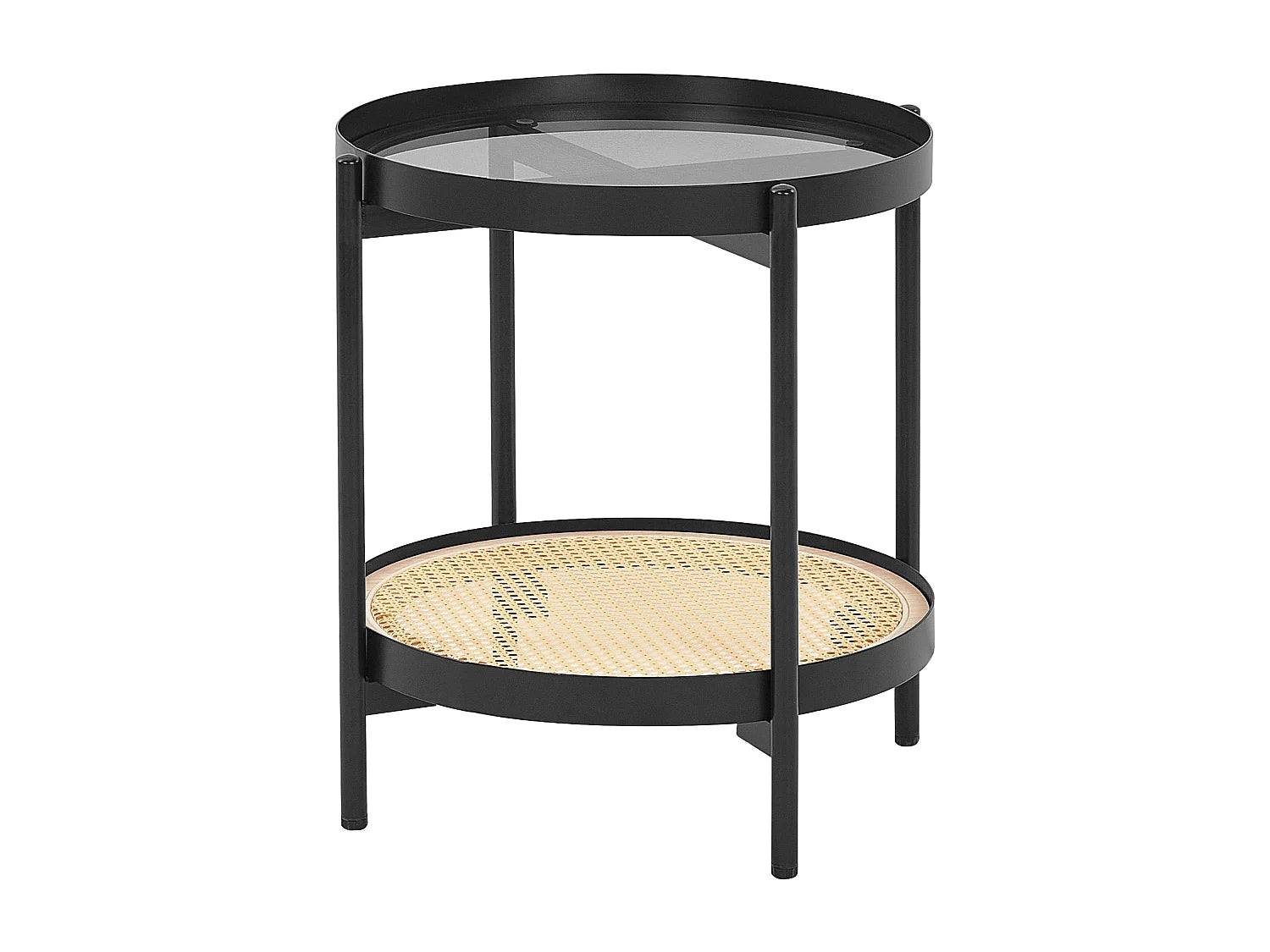 Bout de canapé rond verre et rotin tressé noir – RENO