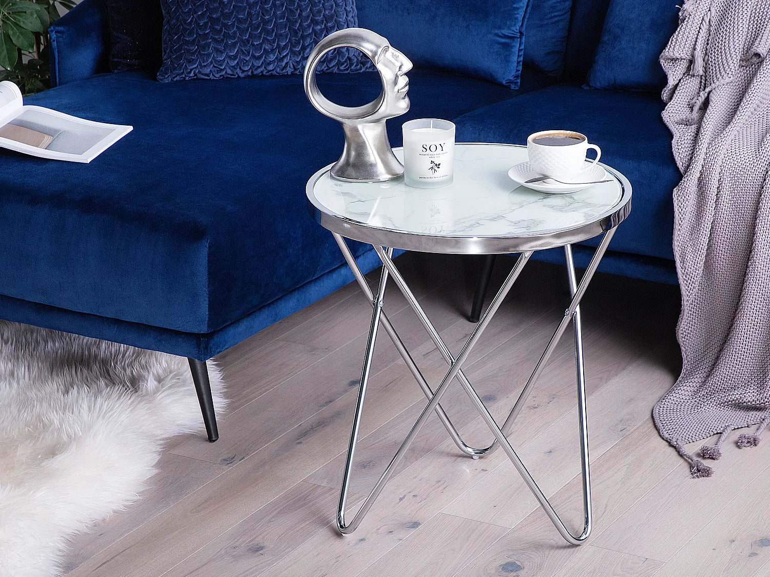 Bout de canapé effet marbre blanc et argenté – LUNERA