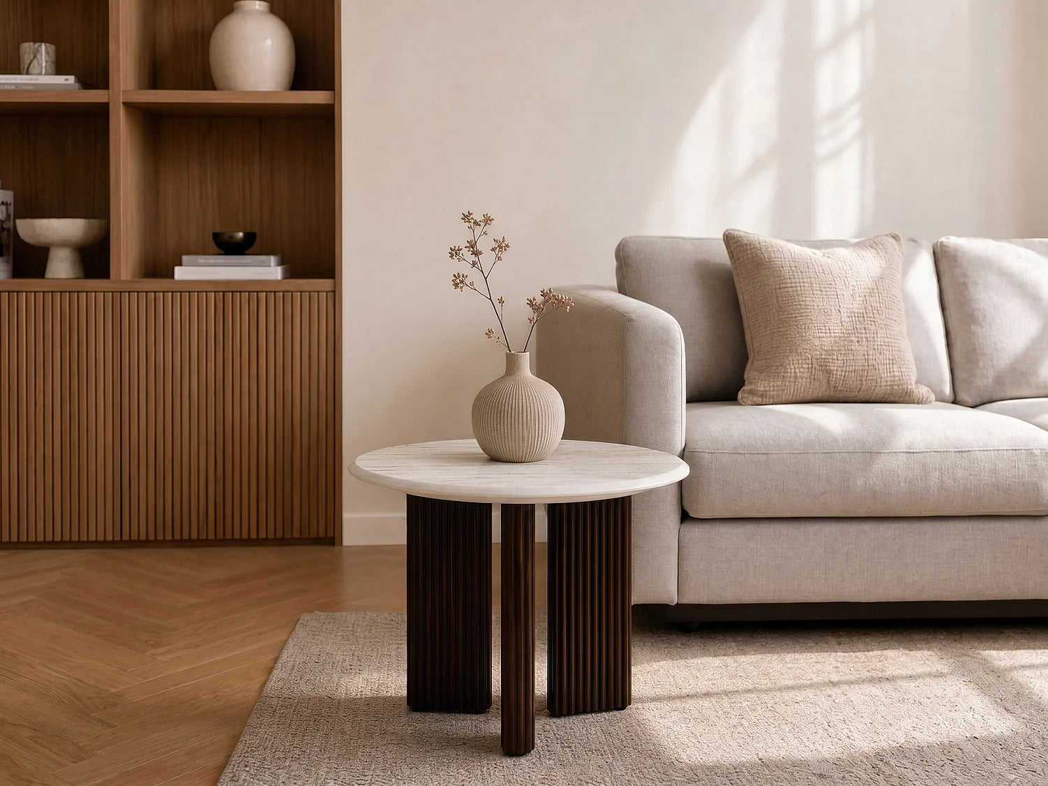 Bout de canapé rond marbre blanc et acacia – PERLA