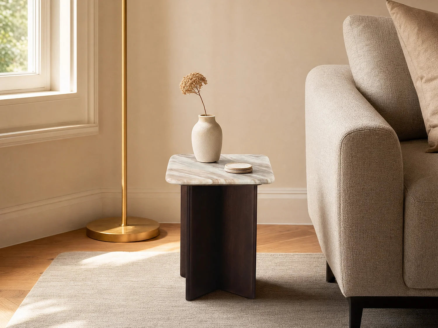 Bout de canapé marbre beige et bois d'acacia – NÉVÉ