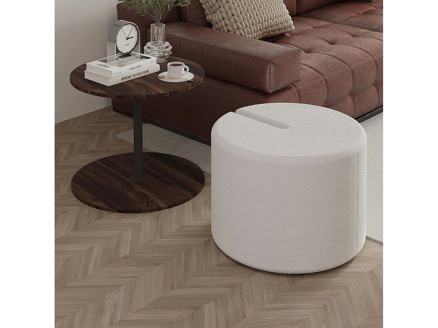 Bout de canapé avec pouf en bois marron noyer – BOTTE