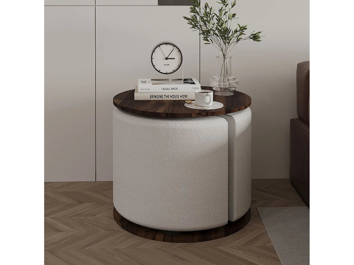 Bout de canapé avec pouf en bois marron noyer – BOTTE