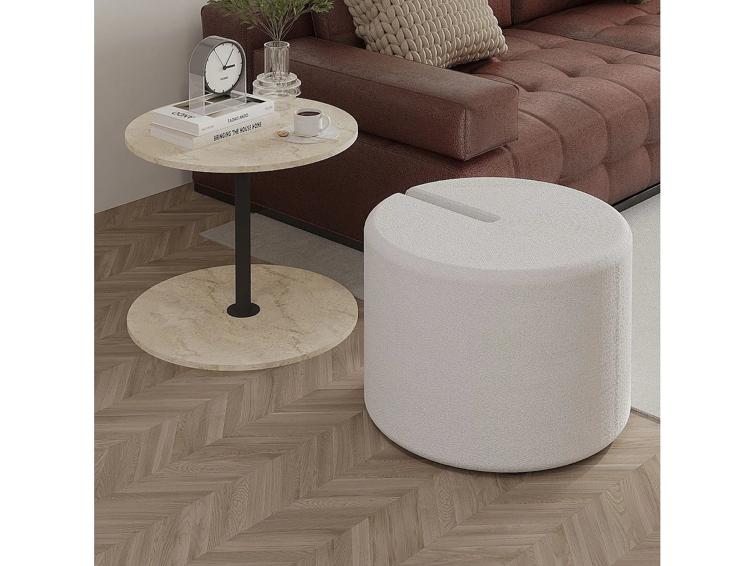 Bout de canapé avec pouf effet travertin beige – CALDERA