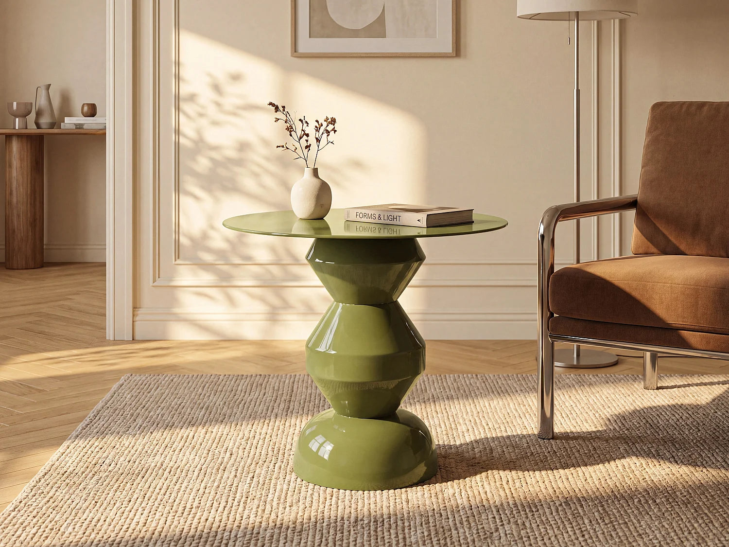 Bout de canapé rond en métal vert kaki – HEXANE